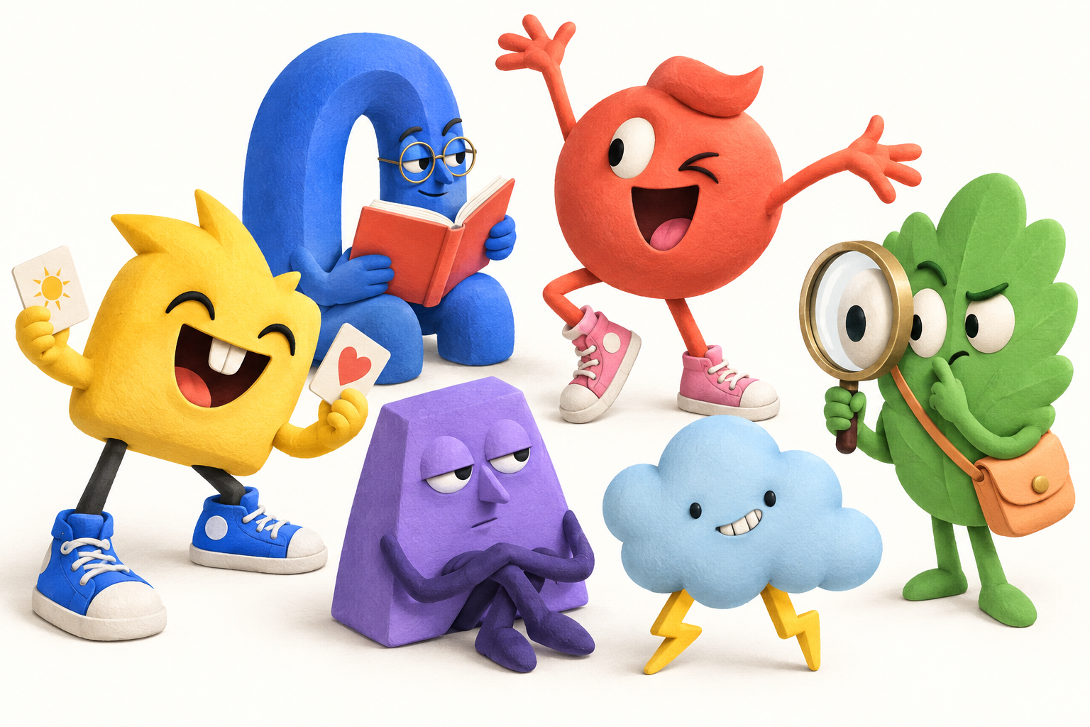 Six original Trates characters: a playful yellow game host, a blue bookworm, a waving coral character, a curious green leaf, a deadpan purple block, and a grinning cloud