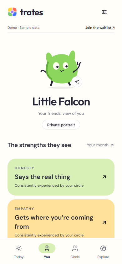 A sample private portrait comparing self-reflection with grouped friend feedback