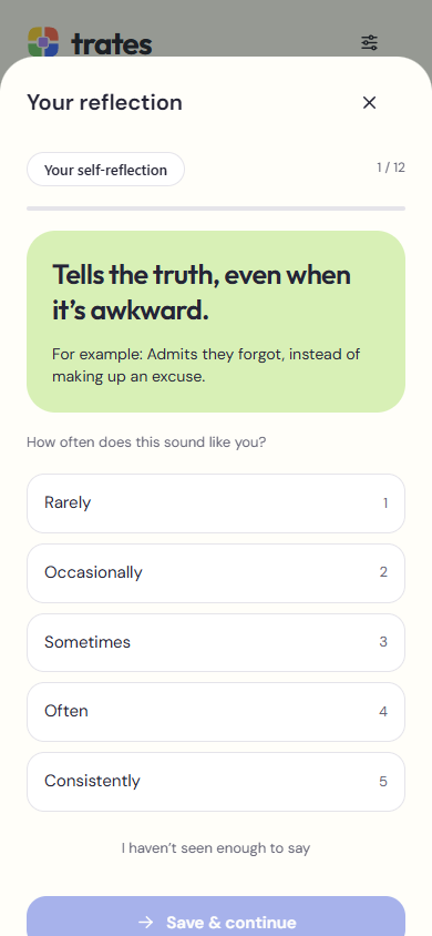 A Trates reflection question showing a concrete behavior and frequency choices